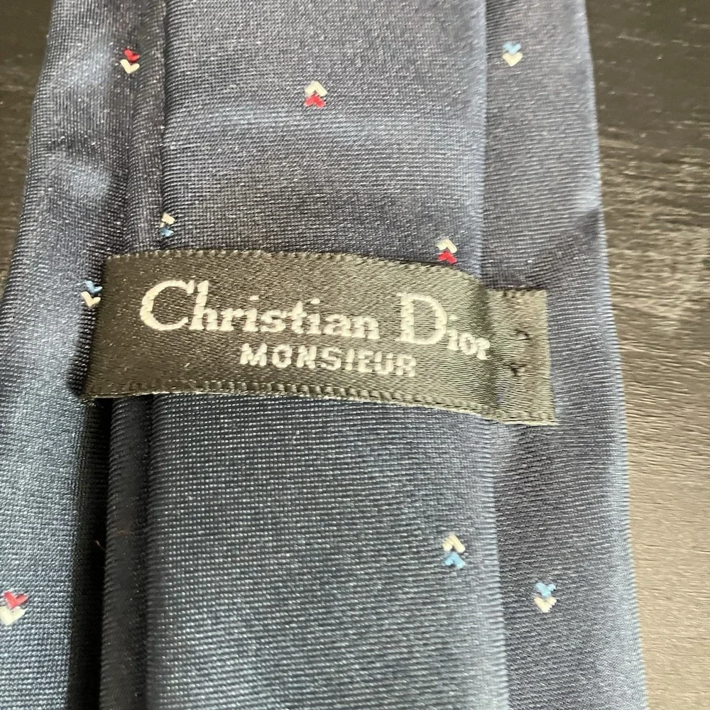 Christian Dior Monsieur Poly Silk Blend Neck Tie Navy Mini Motif Logo Vintage